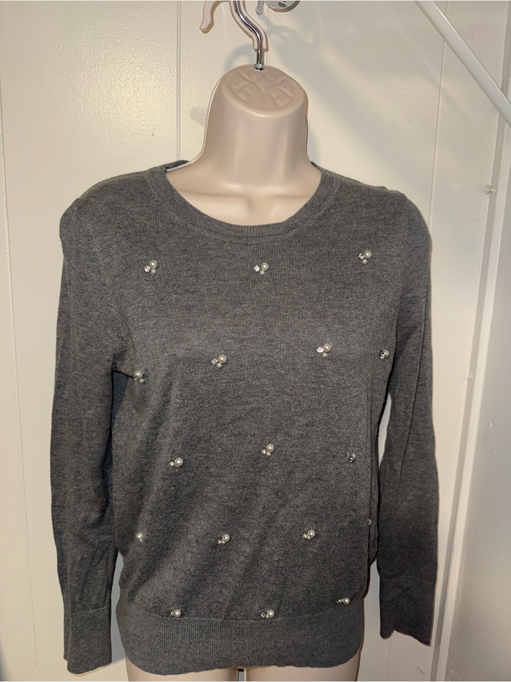 Ann Taylor Gray Crewneck Sweater with Pearl Embellishments